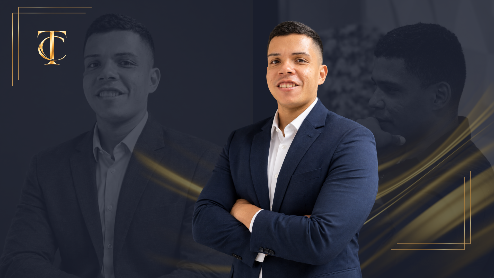 Tempestive Contabilidade: retrato profissional em composição azul e dourada
